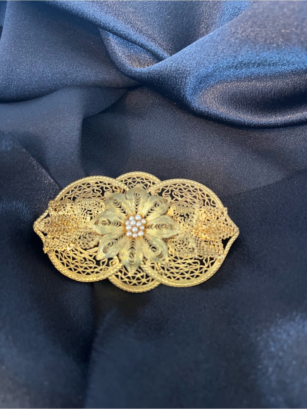 Antique Gold Tone Filigree Floral Brooch with seed Pearls - Picture 2 of 5